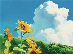 a painting of sunflowers and clouds in the sky