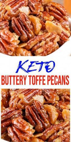 two pictures with the words keto buttery toffe pecans in it and on top