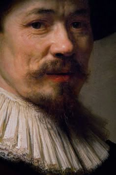 a close up of a painting of a man with a beard and wearing a black hat