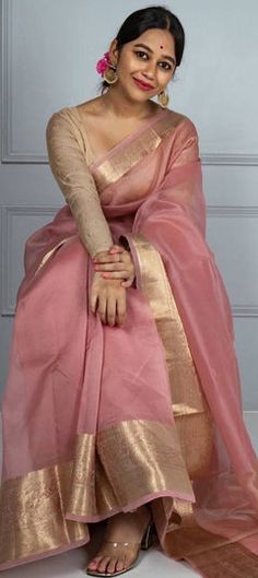 Pink and Majenta color Saree in Organza Silk, Silk fabric with Weaving work Pink Organza Saree, Organza Sari, Party Wear Traditional, Silk Kurti Designs, Kora Silk Sarees, Anarkali Dress Pattern, Silk Kurti, Organza Silk Saree, Silk Saree Blouse