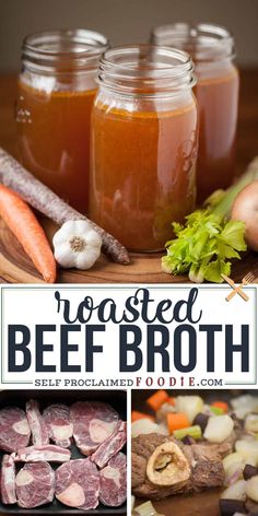 roasted beef broth with carrots, celery and mushrooms in mason jars