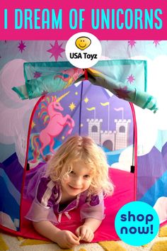 Unicorn play tent SECRET HIDEAWAY reading nook, playhouse FOR GIRLS & BOYS. Toddler play tent includes a handy storage tote for easy travel; Use this unicorn play tent for boys or girls as an indoor tent or small outdoor tent for kids. Let it be the focal point of your unicorn party, or the photo booth backdrop of your birthday party selfies. #unicorntoys #unicornbirthdayparty #unicornpartyideas Indoor Tent, Girls Playhouse, Girls Crafts