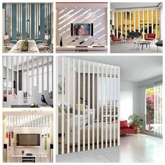 several pictures of different rooms with white and yellow striped partitions on the walls, including a living room