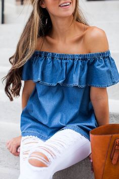 off the shoulder Austin Style, Denim Outfits, Stil Boho, Top Shirt Women, Mode Vintage