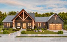 this is an artist's rendering of a modern farmhouse style home with two car garages