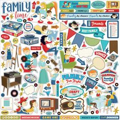 a large collection of stickers with people and things on them, including the words family time