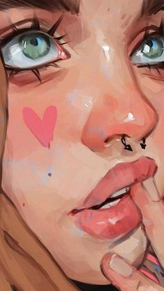 a digital painting of a woman's face with hearts painted on her cheek and nose