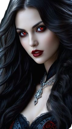 a woman with long black hair and red eyes