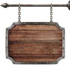 an old wooden sign with metal chains hanging from it's sides, on a white background