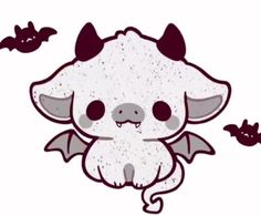 a cute little bat sitting on top of a white ground with bats flying around it