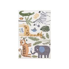 a towel with animals and plants on it in the shape of a jungle animal pattern