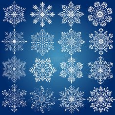 snowflakes on a blue background, set of twelve different shapes and sizes royalty illustration