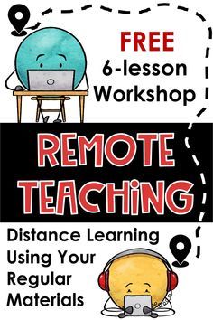 a poster with the words remote teaching and an image of a cartoon character on a laptop