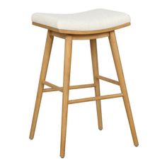 a wooden stool with white upholstered seat and backrest, on a white background