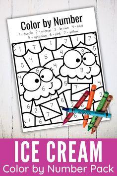 an ice cream color by number pack with crayons on it and the text, color by number