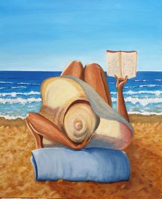 a painting of a person laying on the beach with a book in their hand and reading