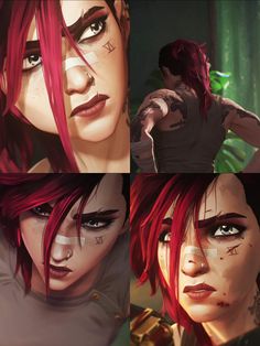 two pictures of the same woman with red hair and piercings, one is looking at something