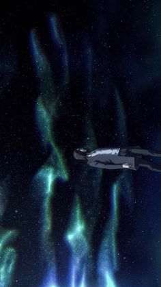 a space ship floating in the sky with aurora lights