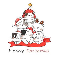 a group of cats sitting next to each other on top of a red ribbon with the words meowy christmas written below it