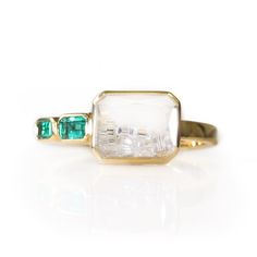 18 Karat Yellow Gold Ring with Diamond "Shake" and Emerald Baguette Details. Diamonds (1.11 tcw) are enclosed in clear sapphires. Ring size 6. Gold Ring With Diamond, Diamond Tops, The Bling Ring, Right Hand Rings, Dope Jewelry, Ring With Diamond, Dream Engagement Rings, Jewelry Lookbook, Put A Ring On It