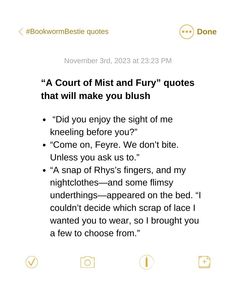 a text message that reads,'a court of mist and fury quotes that will make you blush '