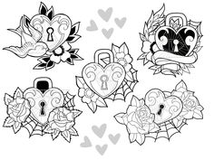 four heart shaped tattoos with flowers and keys