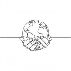 two hands are holding the earth in one continuous line on a white and black background