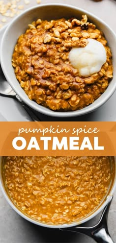 pumpkin spice oatmeal in a bowl with spoons