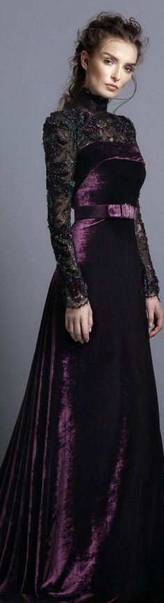 Velvet Gown Evening Dresses Haute Couture, Velvet Couture Dress, Velvet Haute Couture, Black And Purple, Velvet Fashion, Purple Fashion, Fall 2016, Beautiful Gowns, Velvet Dress