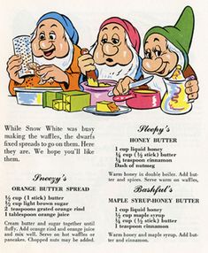 an old advertisement for honey butter with three dwarfs eating from the same bowl and one elf sitting at the table