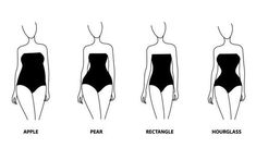 women's swimsuit silhouettes in different shapes and sizes, from front to back