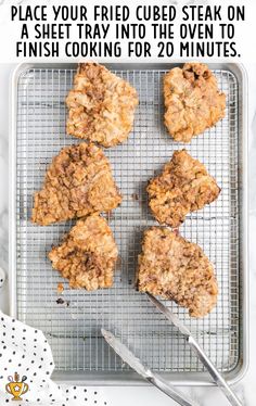 four oatmeal muffins on a cooling rack with text overlay that reads, place your fried curd steak on a sheet into the oven to finish cooking for 20 minutes