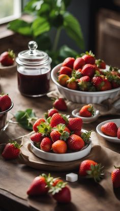 a table topped with white bowls filled with strawberries