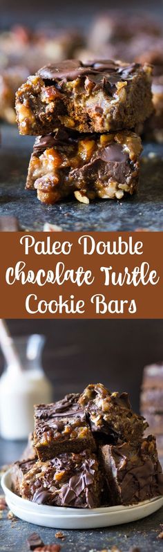 chocolate turtle cookie bars stacked on top of each other