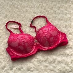 Nwt. Hot Pink Lace Demi Bra. Semi Convertible Straps (The Back Straps Unsnap). No Trades White Bustier, Pink Lace Bra, Strappy Bra, Lace Body, Victoria Secret Lingerie, Burgundy Lace, Demi Bra, Black Bra, Victoria Secret Bras