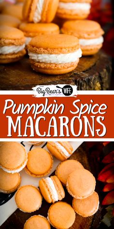 pumpkin spice macaroons are stacked on top of each other with the words, pumpkin spice macaroons