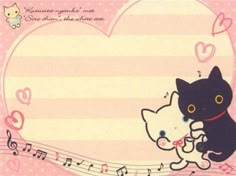 there is a black cat and a white cat on a pink background with music notes