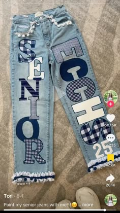 Hoco Jeans Painted, Senior Jeans Ideas High Schools, Homecoming Jeans Ideas, Senior Painted Jeans, Senior Year Diy, Senior Year Things, Senior Year Fun, Graduation Look, Senior Overalls