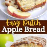 an apple bread is cut into slices and served on a white plate with the words easy dutch apple bread