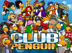 the club penguin logo surrounded by many cartoon characters