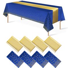 blue and gold polka dot tablecloths with matching napkins