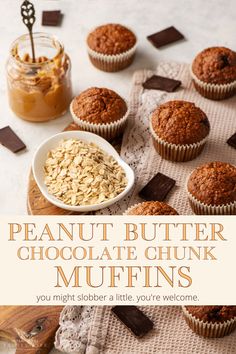 there are many muffins on the table with peanut butter and chocolate in them