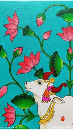 a painting of a cow and flowers on a blue background