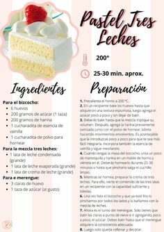 a recipe for cake with white frosting and strawberries on top, in spanish