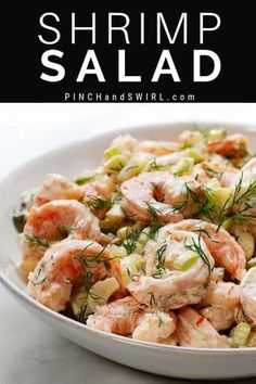 shrimp salad in a white bowl with dill sprigs on top and the title overlay reads shrimp salad