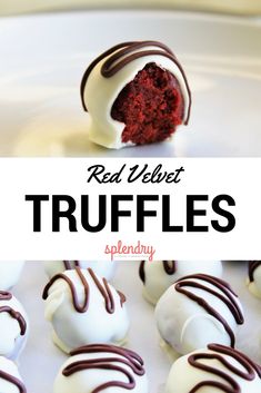 red velvet truffles with chocolate drizzled on top and the words, red velvet truffles