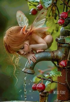 a little fairy is drinking water from a faucet