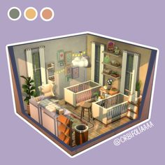 an image of a living room with furniture and decor on it's purple background