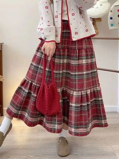 High waisted Plaid Wool Tiered Cottagecore Skirt with midi length. ONE SIZE (stretchy waist) Waist 56-76cm Length 82cm Winter Tiered Skirt, Cottage Core Plad Skirt, Midi Skirt Winter, Cottagecore Skirt, Long Plaid Skirt, Long Skirt Fashion, Mori Girl Fashion, Nature Dress, Ruffles Fashion