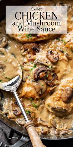 chicken and mushroom wine sauce in a skillet